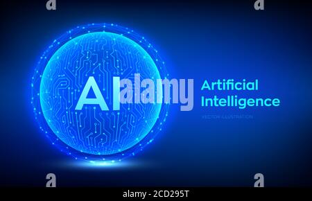 AI. Artificial Intelligence Logo. Artificial Intelligence and Machine Learning Concept. Abstract technology circuit board sphere. Big data innovation Stock Vector