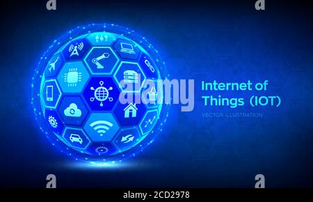 IOT. Internet of things concept. Everything connectivity device concept network, and business with internet. Abstract 3D sphere or globe with surface Stock Vector