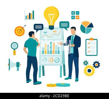Coaching and mentoring concept. Business advise or consultation service. Businessman with personal mentor and business trainer discussing business Stock Vector