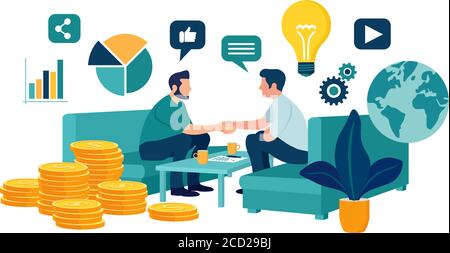 Partnership Concept. Financing of creative projects. Handshake of two business men. Agreement of parties. Signing documents. The investor holds money Stock Vector