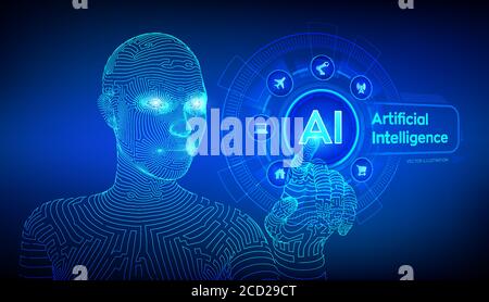 AI. Artificial intelligence. Machine learning. Wireframed female cyborg hand touching digital graph interface. Big data analysis and automation Stock Vector