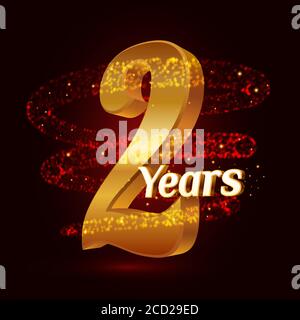 2 years golden anniversary 3d logo celebration with Gold glittering spiral star dust trail sparkling particles. Two years anniversary modern design Stock Vector