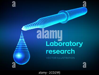 Dispensing pipette with emerging drop. Laboratory research. Wireframe medical pipette with liquid and falling droplet. Scientific pharmaceutical or Stock Vector