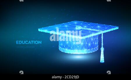 Abstract Low Polygonal Graduation cap. Student hat. E-learning concept. Innovative online education. Distance graduate certificate program. Academic Stock Vector