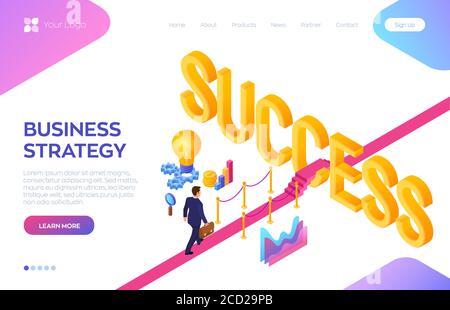 Road to success. Business Strategy Concept. Businessman with briefcase in hand walking on red carpet to the success. Strategy and solutions for Stock Vector