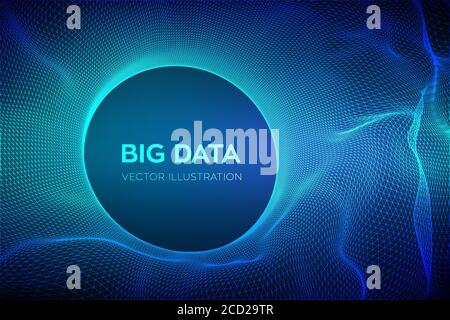 Abstract bigdata science background. Circle grid wave. Big data innovation technology. Blockchain network analysis. Ai tech futuristic wireframe Stock Vector