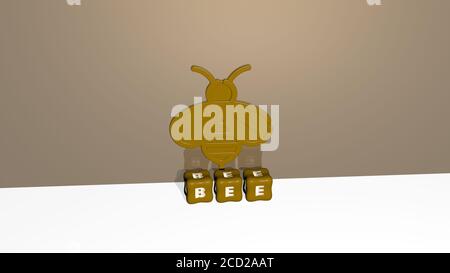 3D graphical image of bee vertically along with text built by metallic cubic letters from the top perspective, excellent for the concept presentation and slideshows, 3D illustration Stock Photo