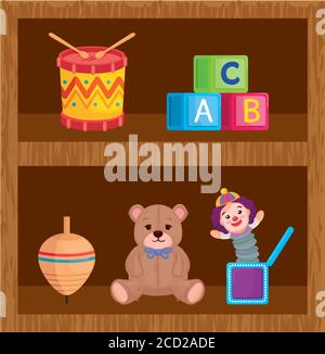 toys child in wooden shelving Stock Vector
