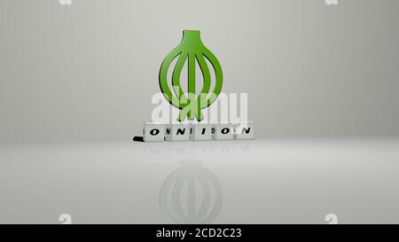 onion 3D icon on the wall and text of cubic alphabets on the floor, 3D ...