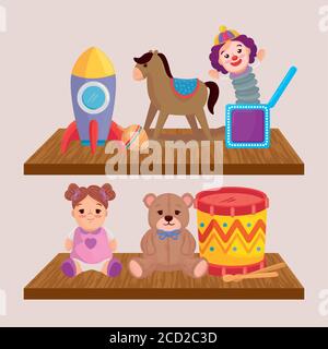 kids toys, in the wooden shelving Stock Vector