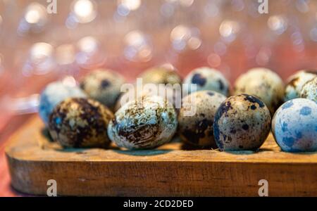 Quail eggs. Culinary delicacy. Aphrodisiac food. In Japanese