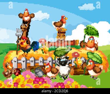 cute horse fence and flowers farm animal cartoon vector illustration ...