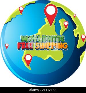 Worldwide free shipping logo on the globe illustration Stock Vector