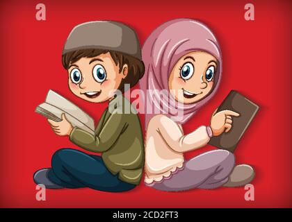 Muslim students reading the book illustration Stock Vector