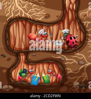 Underground scene with ants reading and cooking  illustration Stock Vector