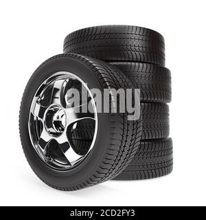 New car wheels with winter tires stacked and isolated on white background Stock Photo