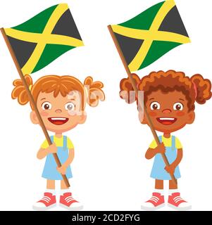 Jamaica flag in hand. Children holding flag. National flag of Jamaica vector Stock Vector