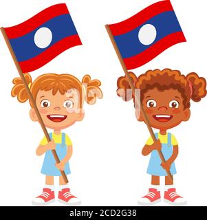 Laos flag in hand. Children holding flag. National flag of Laos vector Stock Vector
