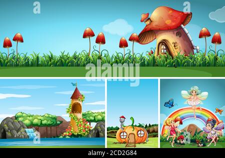 Four different scene of fantasy world with beautiful fairies in the fairy tale illustration Stock Vector