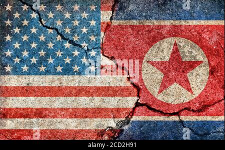 Grunge country flag illustration (cracked concrete background) / USA vs North korea (Political or economic conflict) Stock Photo