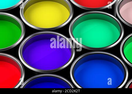 Group of multiple paint buckets filled with red, green, blue and yellow paint, home renovation or color concept, 3D illustration Stock Photo