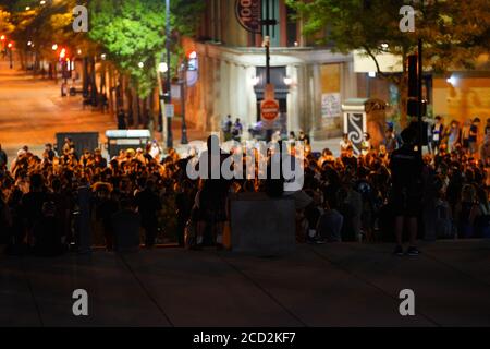 Rioters in the streets of wisconsin state capitol madison light fires in garbage bins to protest the death of jacob black of kenosha. Stock Photo