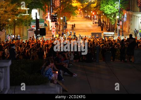 Rioters in the streets of wisconsin state capitol madison light fires in garbage bins to protest the death of jacob black of kenosha. Stock Photo