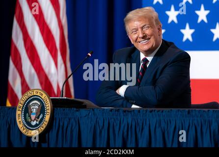 President Donald J. Trump participates at a roundtable on donating plasma Thursday, July 30, 2020, at the American Red Cross National Headquarters in Washington, D.C. Stock Photo