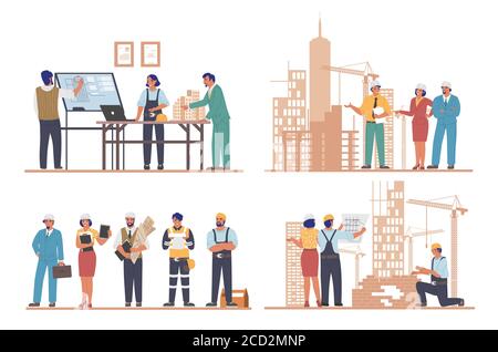Architects and engineers working on architecture project of modern city buildings, flat vector illustration set Stock Vector
