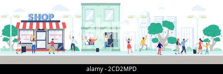 Shop reopening after quarantine, happy people leaving house and walking in the park, vector flat illustration Stock Vector