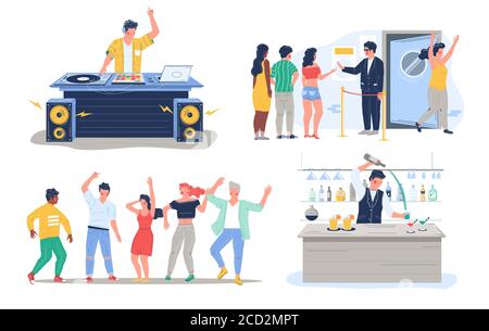 Night club dj dance disco party character set, vector flat illustration Stock Vector