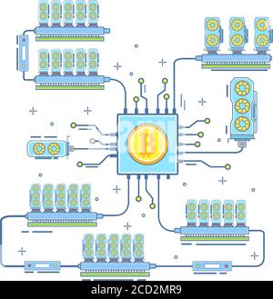 Bitcoin farm vector illustration in flat linear style Stock Vector
