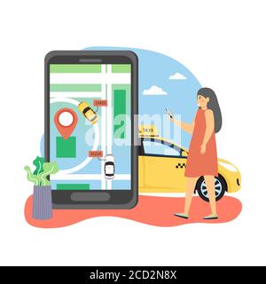 Woman ordering taxi online using navigation mobile app with taxi cab vehicle tracking, flat vector illustration Stock Vector