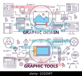 Vector set of banners with graphic design and graphic tools concept templates. Modern thin line flat design elements, symbols, icons for website menu Stock Vector