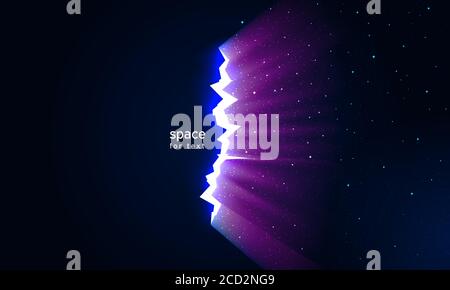 Light and stars in space from cracks in surface. Dark broken wall glow portal into space. Dark universe with crack continuum for impressive design. Ve Stock Vector