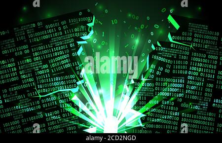 Abstract futuristic cyberspace with a hacked array of binary data, explosion with rays of light, blown-up binary code, matrix background, cloud storag Stock Vector