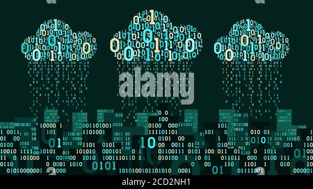 Abstract futuristic smart city with the artificial intelligence and internet of things, connected to cloud storage, binary rain - data stream, neural Stock Vector