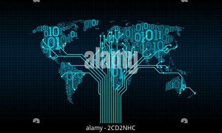 Abstract world map from a digital binary code on a grid background, a connection between cities in the form of a printed circuit board of a tree Stock Vector