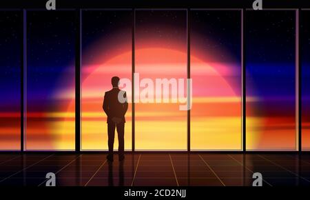 Businessman standing by the window looking out. Man looks into beautiful space with Sun outside the window. Concept of space exploration, business, in Stock Vector