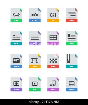 Flat colorful vector file format icons set isolated on white, document type flat icons. File format icons with images. File format label icons for web Stock Vector