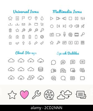 Vector linear thin icons set for web and application interface. Cloud storage, speech bubles, multimedia and universal web icons. App icons set. Unive Stock Vector