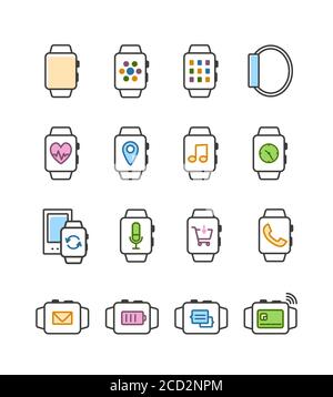 Set of outline vector smart watch icons. Smartwatch symbols. Fitness tracker, mobile payment, sinchronization Stock Vector