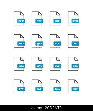 Linear thin vector file format icons set, document outline icons. File format icons with inscriptions. File format label icons for web and mobile appl Stock Vector
