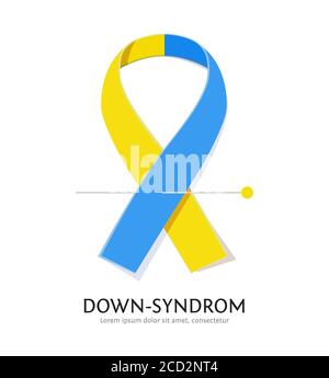 Down syndrome awareness ribbon. Vector flat Blue and yellow satin ribbon. World Down Syndrome Day concept Stock Vector