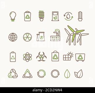 Thin line vector ecological icons set. Icons for environmental, recycling, renewable energy, nature. Ecological icons collection isolated, eco icons Stock Vector