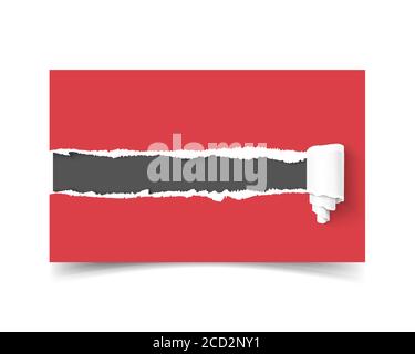 Realistic vector template business card with hole in paper torn edges and paper roll and dark copyspace for text isolated on white background. Red tor Stock Vector