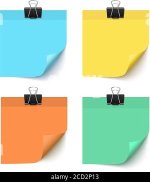 Set of post it notes isolated on white background, vector realistic illustration. Colorful post it paper pieces with paper clips. Paper reminders with Stock Vector