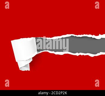 Torn red color paper with scroll on black background with space for text, realistic vector illustration Stock Vector