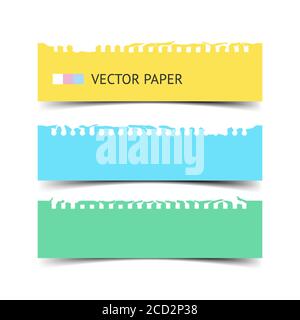 Colorful notebook torn paper isolated on white, realistic vector paper. Notebook paper pieces for dividers, web banners, education illustration. Torn Stock Vector