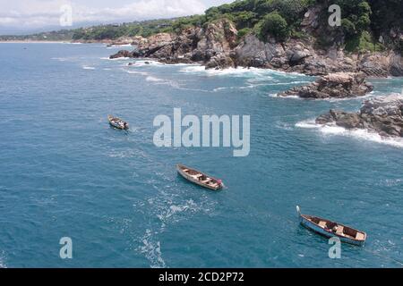 ACAPULCO, MEXICO - AUGUST 24: A vintage boat is seen floating on the seashore on August 24, 2020 in Acapulco, Mexico. Credit: Ricardo Castelan Cruz / Eyepix Group / The Photo Access Stock Photo